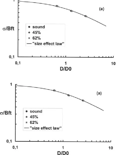 Figure  6.  Prediction  of size  effect  at  several  leaching  rates  (a),  and  experimental  size  effect  at  several  leaching rates (b)