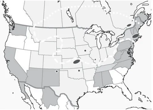 Fig. 1 Distribution and status of Orconectes virilis (sensu lato) in administrative units within its present range in North America (compiled from Global Invasive Species Database: