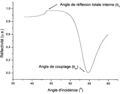 Figure 1.8 Courbe SPR (réflectivité en fonction de l’angle d’incidence).