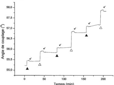 Figure 2.5 formation d’une multicouche de PAH et PS$ sur une monocouche de MUA; (Â) injection du polyélectrolyte PAR, (A) injection du polyélectrolyte PS$, (V) rinçage avec une solution de tampon phosphate 0.5 mM etNaCl 0,15 mM