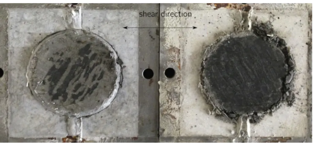 Fig. 5. Claystone-fresh concrete interface sample after a shear test under CNL: concrete (left) and claystone (right).