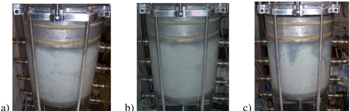 Figure 7: progression of internal erosion, test N7, G2-C mixture: a) t = 0 and i = 0; b) t = 180 min and  i = 0.4; c) t = 240 min and i = 0.5  