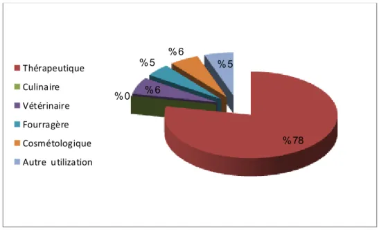Figure  51 :Représentation  statistique  descriptive  des résultats  l‟enquête  ethnobotanique  selon  les  domaines  d‟utilisation 