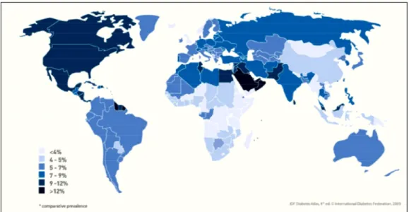 Figure 1. 6 :  Atlas  mondial  sur  l’estimation de  la prévalence rapportée par  la  Fédération  Internationale du Diabète pour l’année 2010