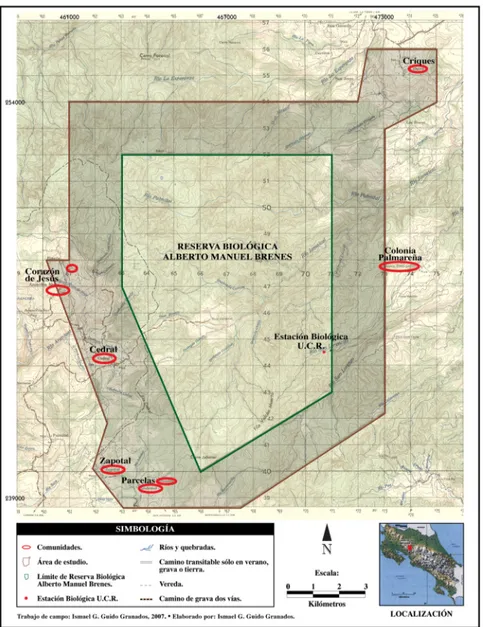 Figura 1. Área de estudio y comunidades ubicadas en la periferia de la Reserva Biológica Alberto  Manuel  Brenes