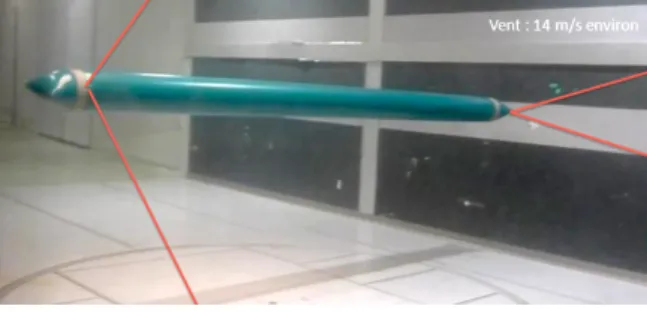 Figure 4 : The inflatable beam in the wind tunnel (average air velocity : 14 m/s). The four cables are colorized to highlight their location.
