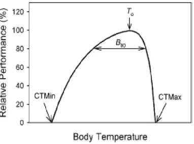 Figure  2.  Relation  classique  entre  température  corporelle  et  performance  chez  un  ectotherme
