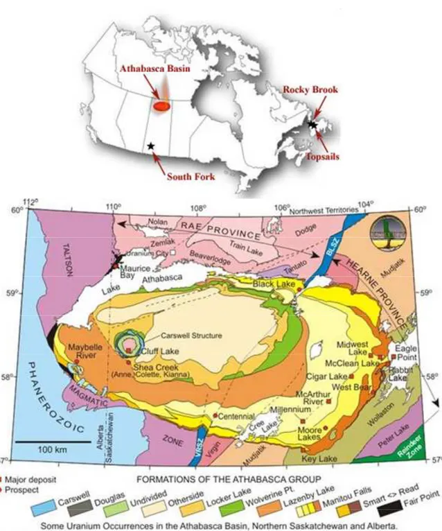 Figure  2.  7  :  Carte  géologique  du  bassin  d'Athabasca  et  localisation  des  gisements  d'uranium  (source :  UEX  Corporation)