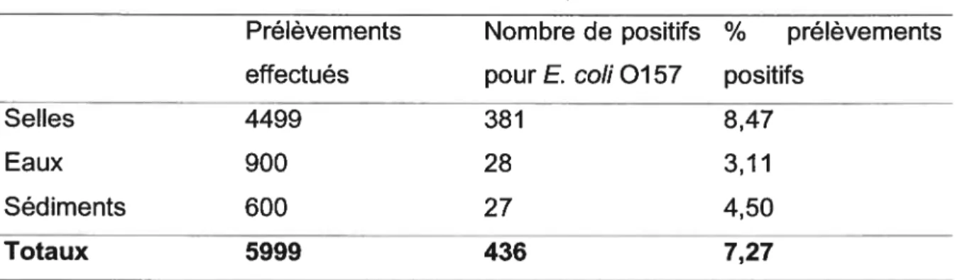 Tableau Il: Distribution des prélèvements positifs pour E. cou 0157