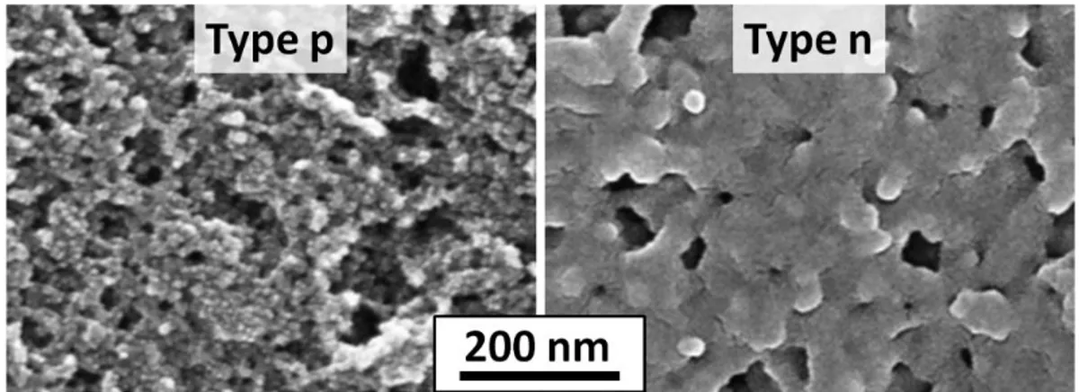 Figure 2.3 Images MEB des NP Si contenues dans les encres ICGn et ICGp après séchage à 200 °C