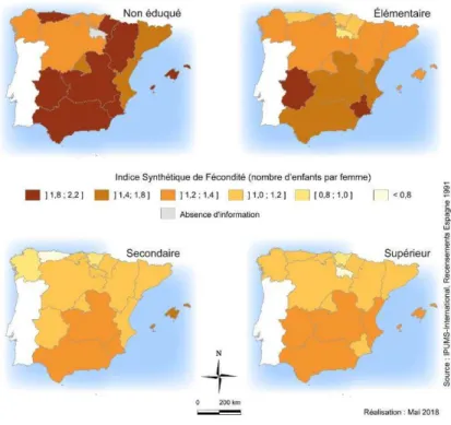 Figure 6. La fécondité en fonction du niveau d’instruction en Espagne à l’échelle des communautés autonomes en 1991