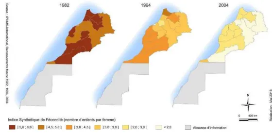 Figure 7. La fécondité des femmes non-éduquées au Maroc à l’échelle des régions entre 1982 et 2004