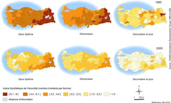 Figure 12. La fécondité en fonction du niveau d’instruction en Turquie à l’échelle des provinces – 1985-2000