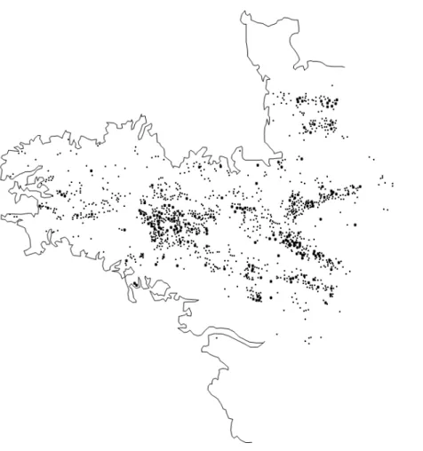 Figure 2 : Carte de répartition des alluvions aurifères dans le Massif armoricain (d’après Guigues et Devismes  1969) 