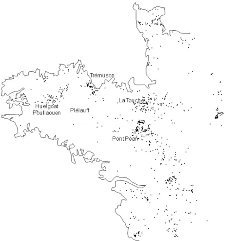 Figure  8 :  Carte  de  répartition  des  alluvions  plombifères  dans  le  Massif  armoricain  (Guigues  et  Devismes  1969) 