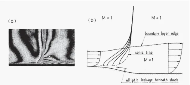 Figure 1.5 : Interaction onde de choc/couche limite turbulente sans décollement - a) Visua- Visua-lisation par interférométrie - b) Représentation schématique - extrait de Délery [54]