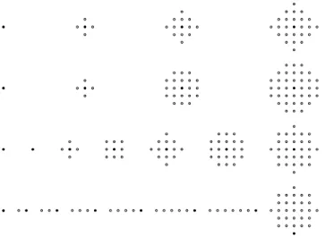 Fig. 1. Some disk and structuring element construction examples. a: d 4 disks (first row)