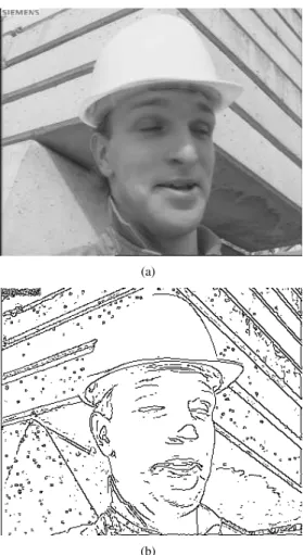 Figure 4 – Une image de la séquence Foreman (a) et les extrema locaux du gradient de norme supérieure à 0 , 05%