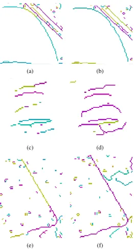 Figure 6 – Extraction de contours sur le deuxième niveau d’une décomposition multirésolution (a) puis affinage des structures extraites à la résolution de niveau un (b), puis à la pleine résolution (c).