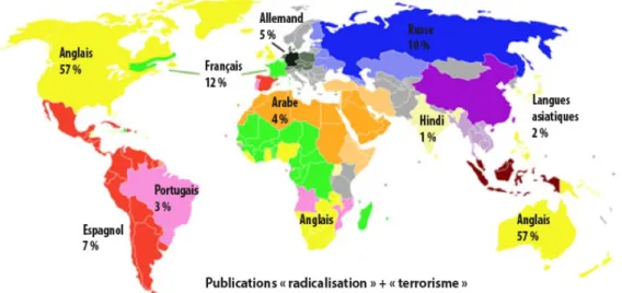 Figure 9. Carte des publications par langue (thèmes de la radicalisation et du terrorisme)
