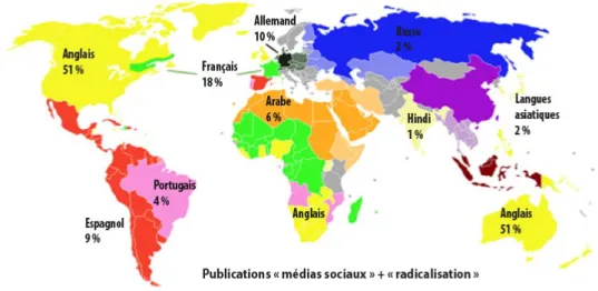Figure 10. Carte des publications par langue de publication (thèmes de la  radicalisation et des médias sociaux)