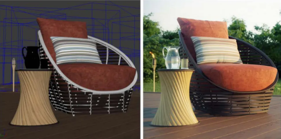 Figure 2.13 – Modeled virtual scene in terms of geometry and reflectance (left) com- com-bined with illumination and its photorealistic created image using computer graphics rendering techniques - Figure from [Vorba and Karlik, 2012]