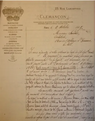 Figure     2     :   Lettre de [Lehouitel] à l’architecte Antoine Soudée au sujet du matériel d’éclairage  loué par la maison Clémançon à la Gaîté, 2 octobre 1887
