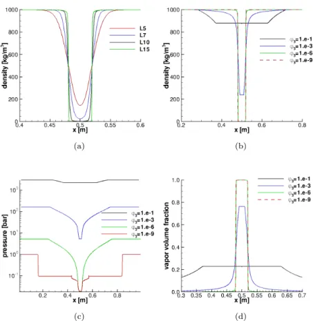 Figure 4.1: Test case 1: (4.1a) density profiles for ϕ 3 = 10 −6 and differ- differ-ent discretizations