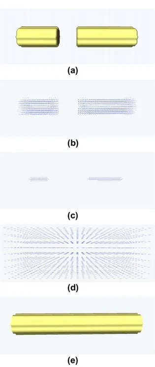 Fig. 4. Vector field regularization. (a) Original broken cylinder. (b) Orientation field in the broken cylinder