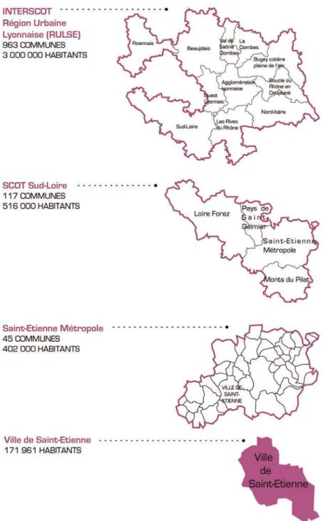 Figure 1 : Coopération entre territoires, de la Ville de Saint-Etienne à la Métropole lyonnaise en devenir  [Source : Chemin-Le Piolet