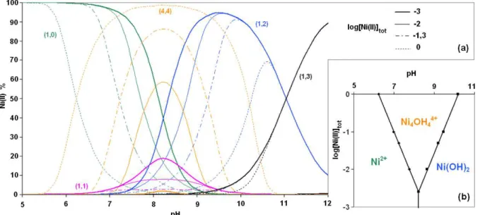 Figure 7. Spéciation (a) et diagramme de prédominance (b) de Ni(II) dans les produits  (x,y)  d’hydrolyse  Nix(OH)y(2x-y)  à  60°C  pour  différentes  concentrations  totales  en  Ni(II)