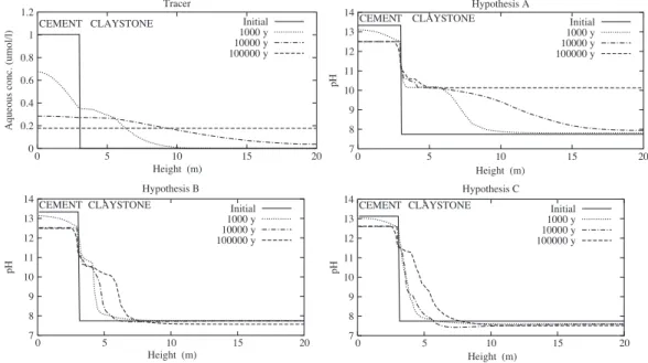 Fig. 2. Evolution over a period of 100,000 years: profiles of the unreactive tracer concentration and profiles of pH for the different mineralogical hypotheses.