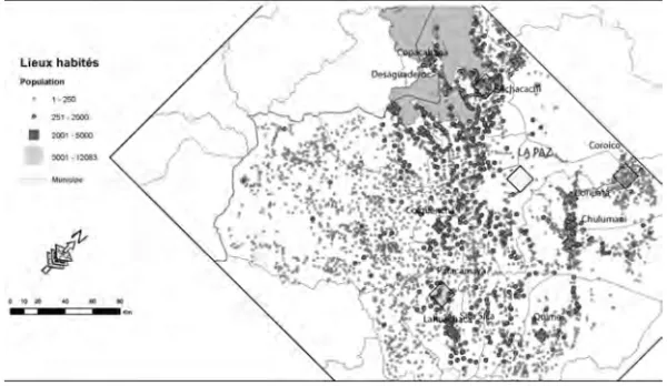 Fig. 7 : La distribution des lieux habités sur l’Altiplano de La Paz, l’axe Nord ayant une rotation de 45 ◦ : une façon de comprendre l’organisation spatiale.