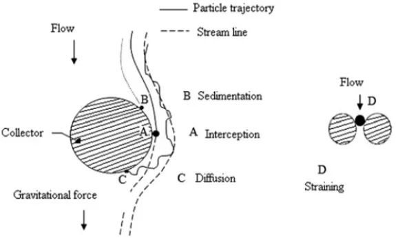 Figure 2.10. Mechanisms of transport and trapping of a particle using a spherical collector [MCD 86]
