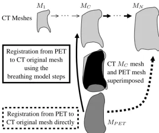 Figure 3. The mesh M C is the closest to the mesh M P ET . We can register M P ET to M N following one of the two paths (notations are defined in Section 3.3).