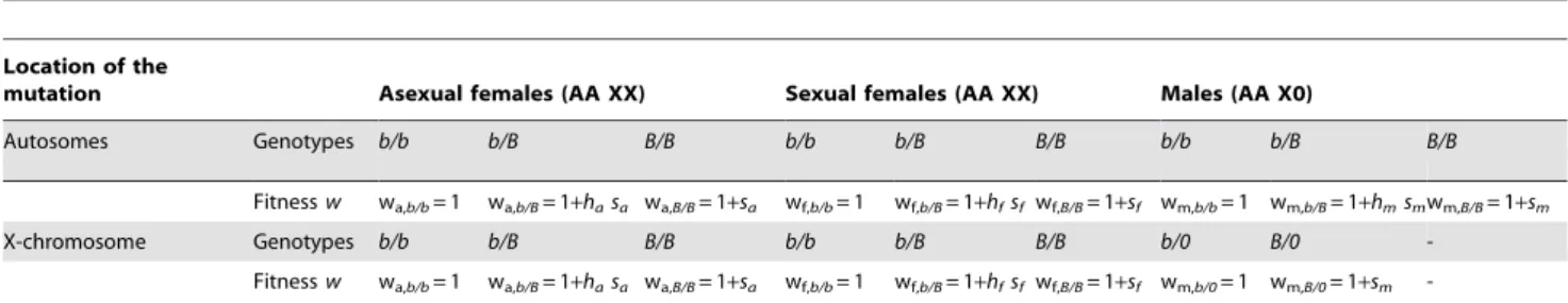 Table 1. Model of the effects on fitness (w) of a mutation.