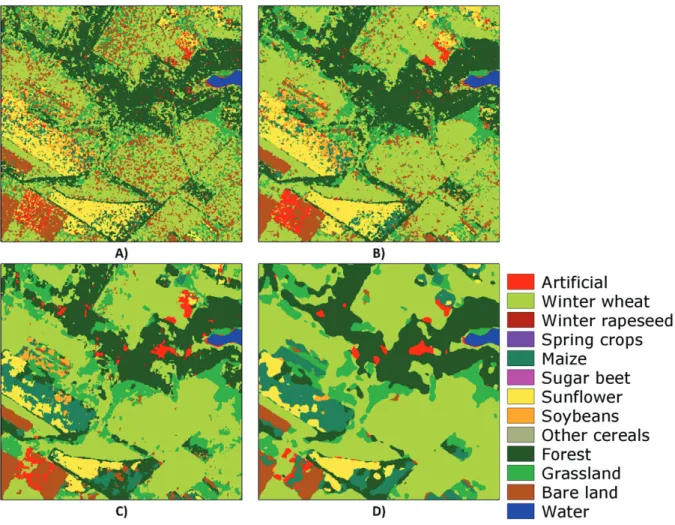 Figure 8. Example of crop classification maps based on different filters for Sentinel-1A images: (A) without filtering, (B) refined Lee filter, (C) Filter 1, and (D) Filter 3.