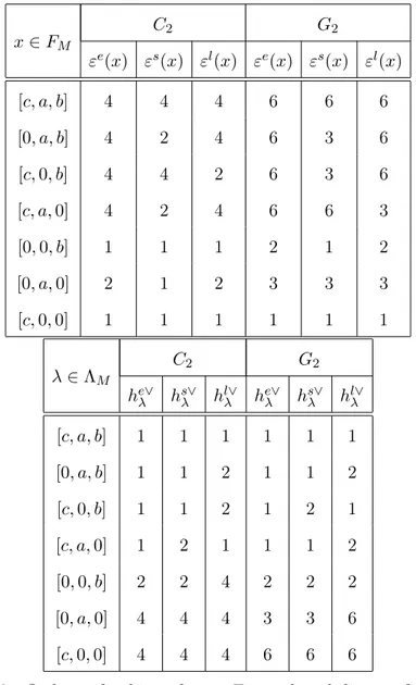 Tab. 3.2. Orders of orbits of x ∈ F M and stabilizers of λ ∈ Λ M for the cases C 2 and G 2 