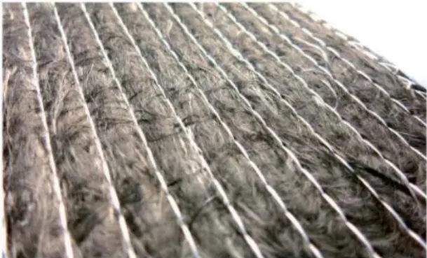 Figure 1. Reclaimed carbon fibre dry material used in this study. Short randomly poorly oriented fibres are stitched together to form a mat.
