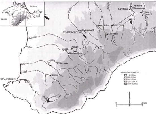 Figure 2.2.1- Map of the Crimean Mountains and the distribution of Middle Paleolithic sites modified from Ferring  (1998, 21)