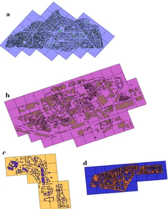 Fig. 5: Oriented grid for four districts (a. residential  district, b.: industrial area, c.: collective buildings, d.: 