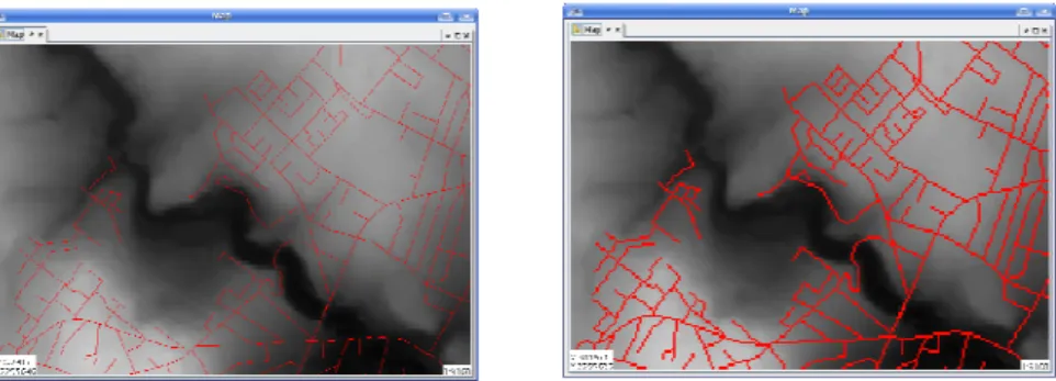 Fig. 5. Roads rasterization process: from a roads as shapefile (left) to a roads as grid (right) SELECT RasterizeLine(the_geom, raster, 1) AS the_geom FROM roads, smalldem;