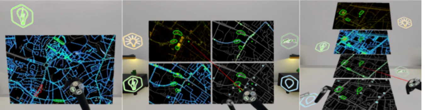 Figure 1: Left: Temporal multiplexing (blitting); center and right: spatial mutliplexing — in a grid (center), and in our proposed stack (right)