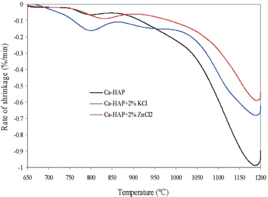Figure 6. Variation of the specific surface area (m 2 /g) of Ca-HAP, a 2% and 10% mixture of KCl with Ca-HAP as a function of temperature (time ) 2 h).