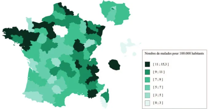 Figure 1 – Prévalence de la mucoviscidose en France par département, en 2011 