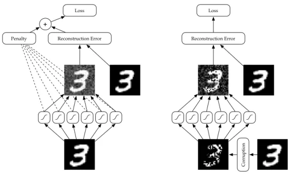 Figure 1.5 – A schematic diagram of a penalized autoencoder (left) and a denoising autoencoder (right).