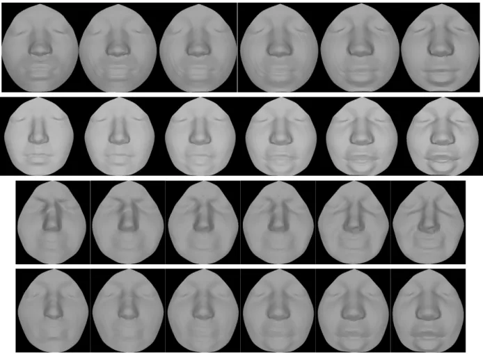 Fig. 7 Optimal deformations of a facial surface into another, belonging to a different person, under the elastic energy.