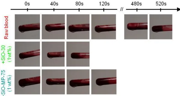 Figure S2: Blood coagulation kinetics. Pictures of tilted test tubes with freshly sampled pig blood, without  particles, with 1wt% SiO-30 and 1wt% SiO-MP-75