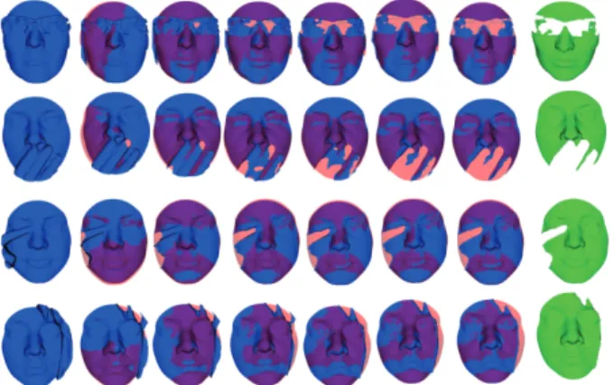 Fig. 19. Examples of faces from the Bosphorus database. The unoccluded face on the left and the different types of occlusions are illustrated.