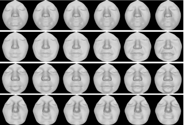 Fig. 10 Geodesic Paths between facial surfaces of same people under different expressions.